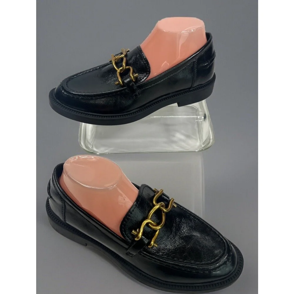 Steve Madden Womens Black Leather Loafer Shoes Gold Chain Size‎ 9.5M Office